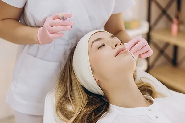 A smiling woman lays back while a dental professional inspects her face in preparation for a cosmetic dermal fillers to treat crooked corners of the mouth.